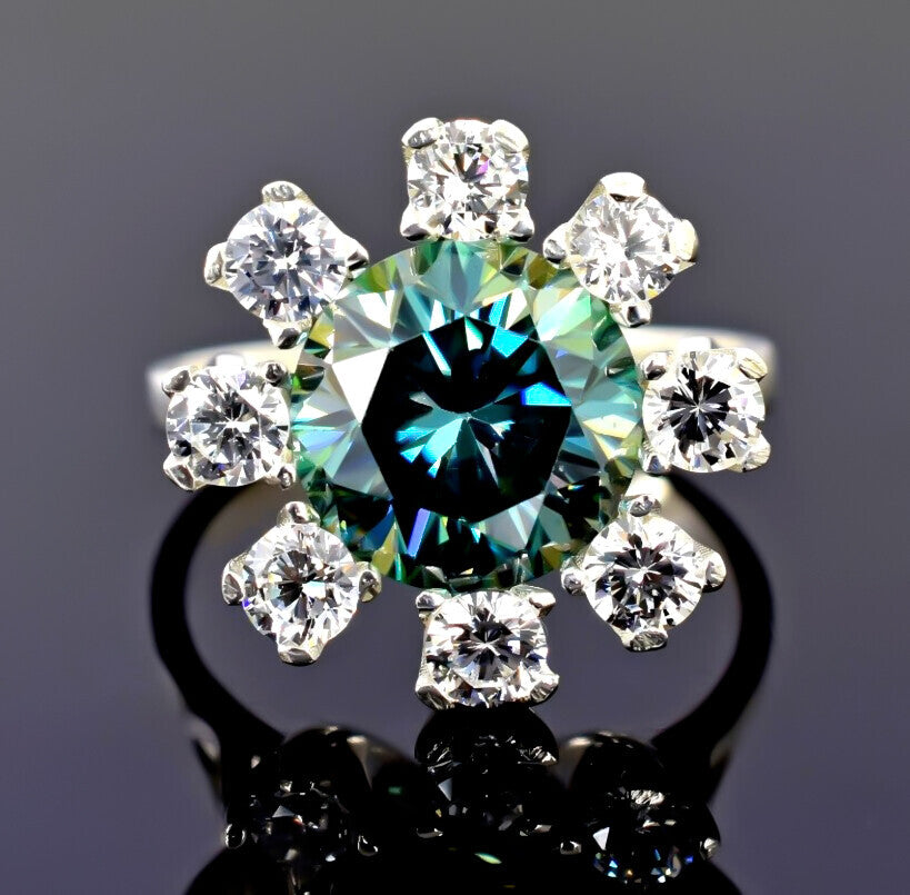 Certified 2.20ct Natural VS1/Round Cut/Blue Moissanite Ring in 18K Gold Plated Verm 18K Gold Plated