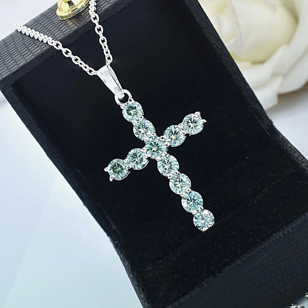 3.00 Ct Certified Round Cut Blue Moissanite Cross Vermeil 925 Silver Pendant - View 4 - GEMHUB
