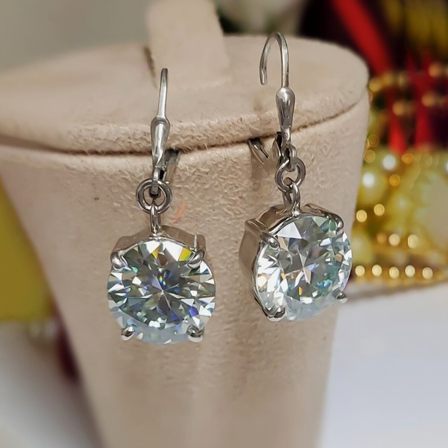 7.3 ct DEW White Moissanite Solitaire Dangler Earrings In Gold Vermeil