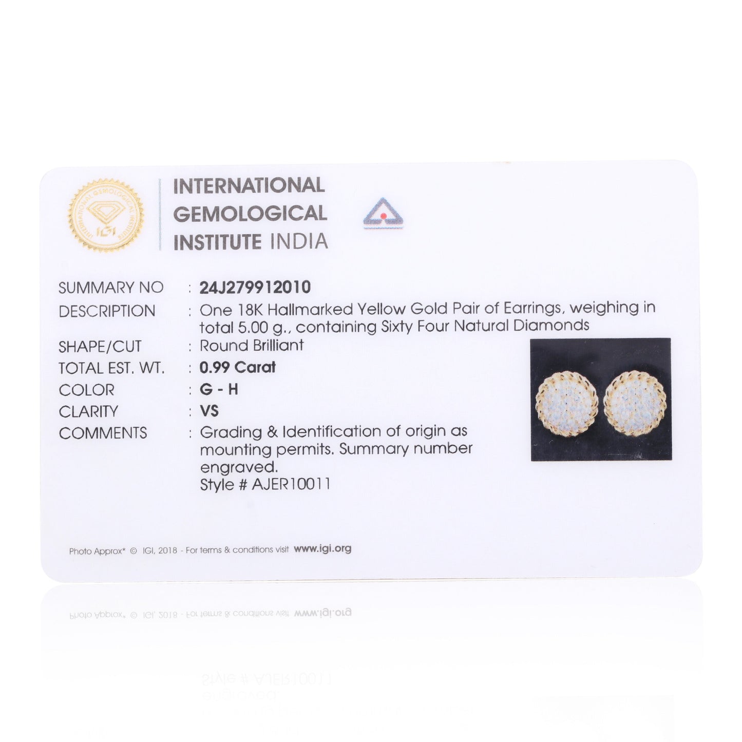 0.99 Ct Natural Diamond Stud Earrings G-H VS Round Brilliant 18K Gold Tops