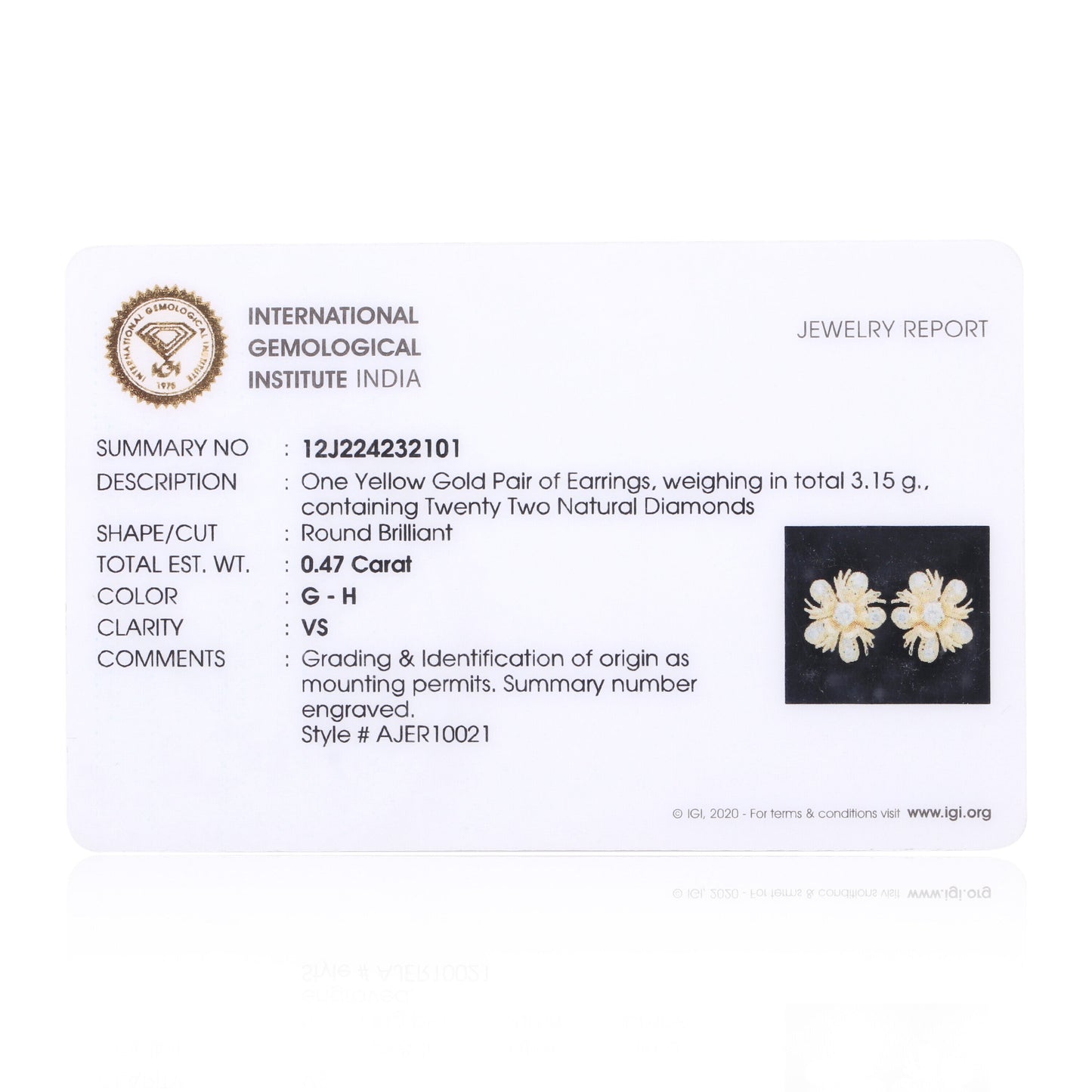 IGI Certified 0.47 Ct Diamond Stud Earrings G-H VS Brilliant Cut Tops