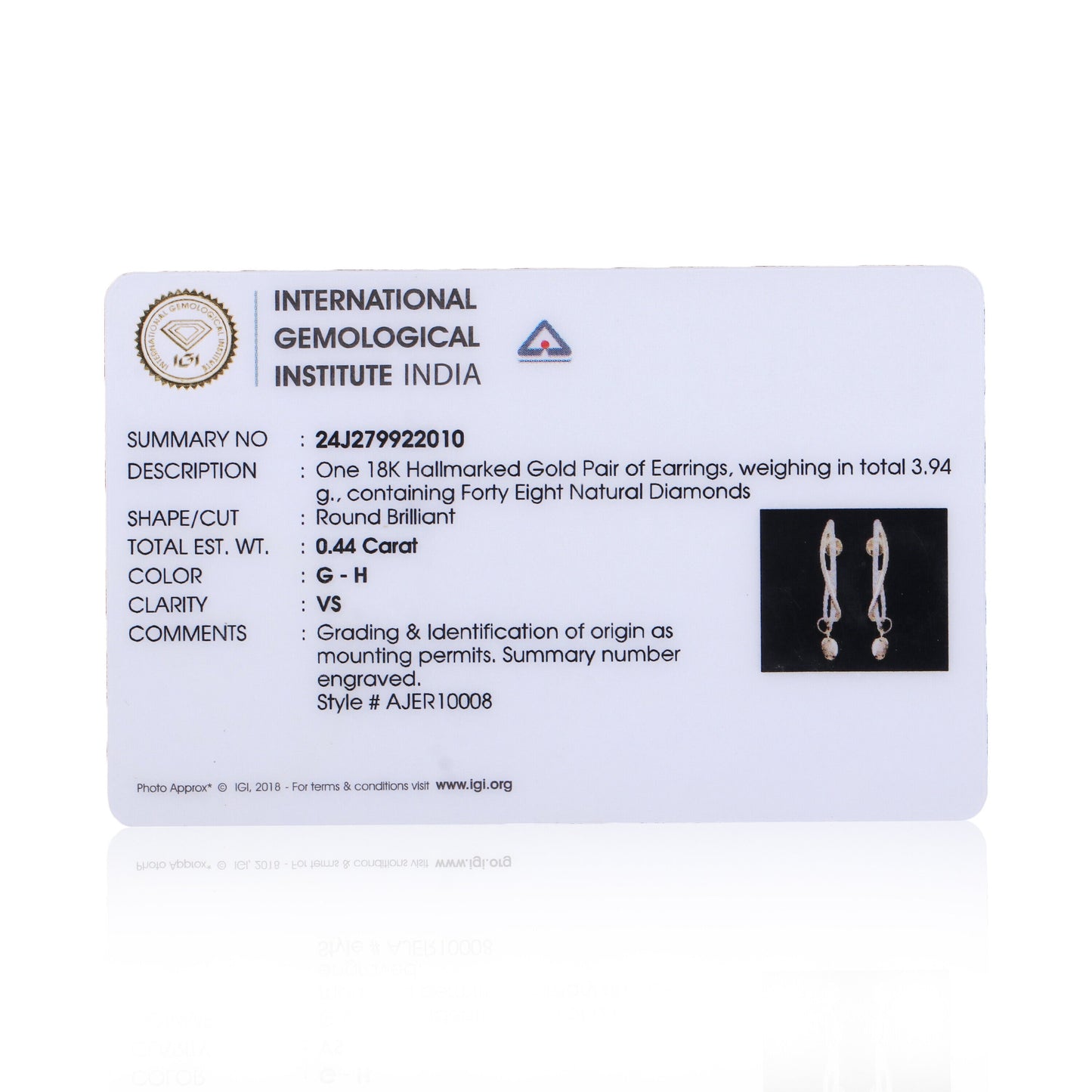 Premium 0.44 Ct Natural Diamond Stud Earrings IGI Certified G-H VS 18K Gold