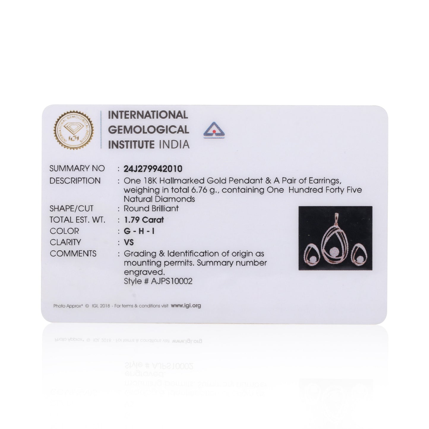 IGI Certified 18K Gold Diamond Pendant Set 1.79 Ct G-H-I VS Premium Jewellery - view 7