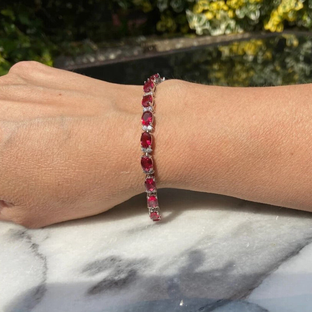 Natural Oval Cut Red Ruby & Round Diamond 14k White Gold Wedding Tennis Bracelet - GEMHUB