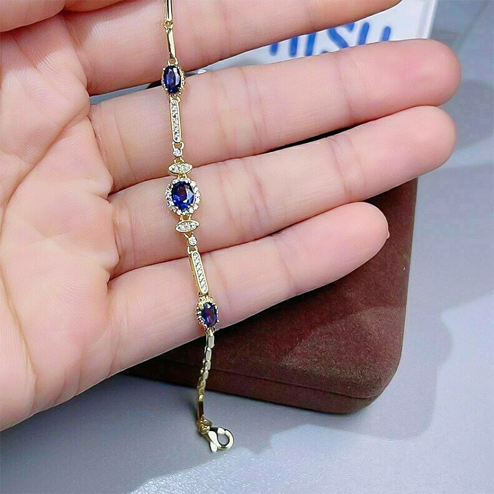 Certified Oval Cut Natural Sapphire & Diamond Chain Tennis Bracelet 14k Gold - GEMHUB