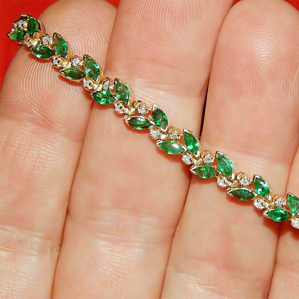 Marquise Cut Natural Emerald & Diamond Flower Tennis Bracelet 14k Yellow Gold - GEMHUB