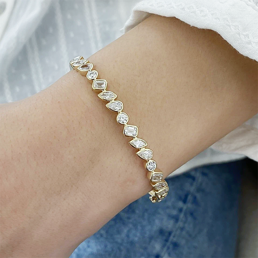Multi Shapes Lab-Grown/CVD Diamond Bezel Set Tennis Bracelet 14k Yellow Gold - Image 2 - GEMHUB