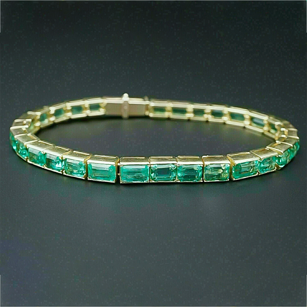 Certified Natural Green Emerald Tennis Bracelet For Men 14k Solid Gold Bezel Set - GEMHUB