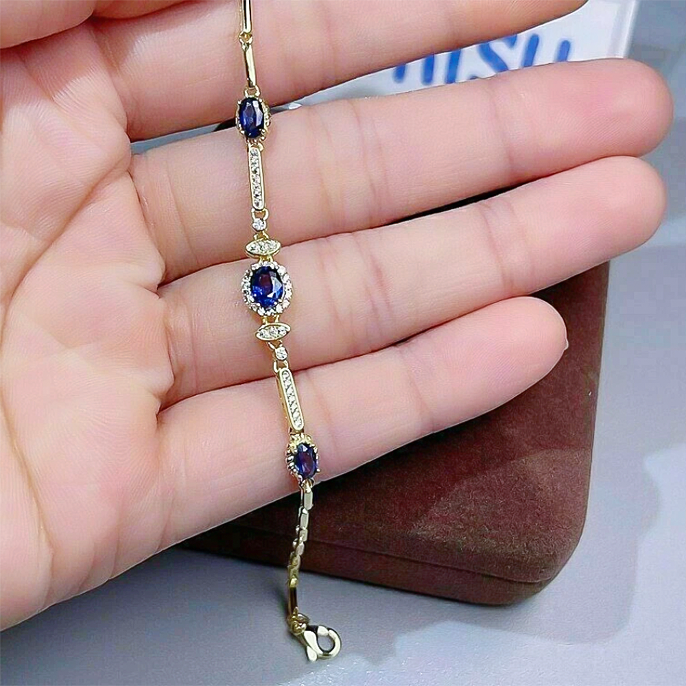 Certified Oval Cut Natural Sapphire & Diamond Chain Tennis Bracelet 14k Gold - Image 3 - GEMHUB