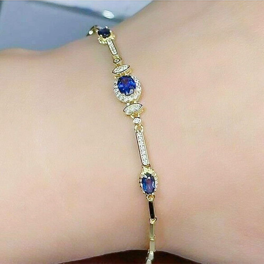 Certified Oval Cut Natural Sapphire & Diamond Chain Tennis Bracelet 14k Gold - Image 4 - GEMHUB