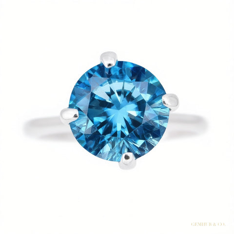 Certified 2.80 ct DEW Round Cut Blue Solitaire Moissanite Ring In Gold Vermeil – white background main image