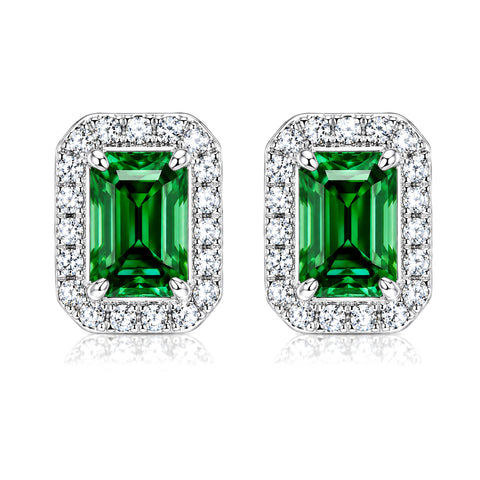 2.00 ct DEW green moissanite emerald-cut halo stud earrings, front view on white – GEMHUB