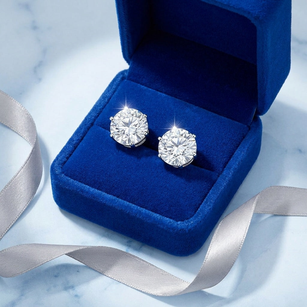 Pair of round moissanite studs in a cobalt blue gift box