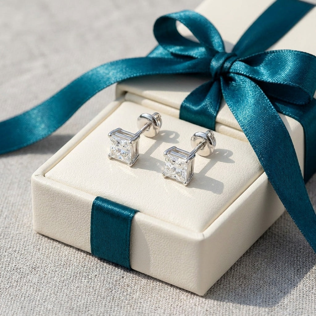 Pair of diamond solitaire studs in a gift box with teal ribbon