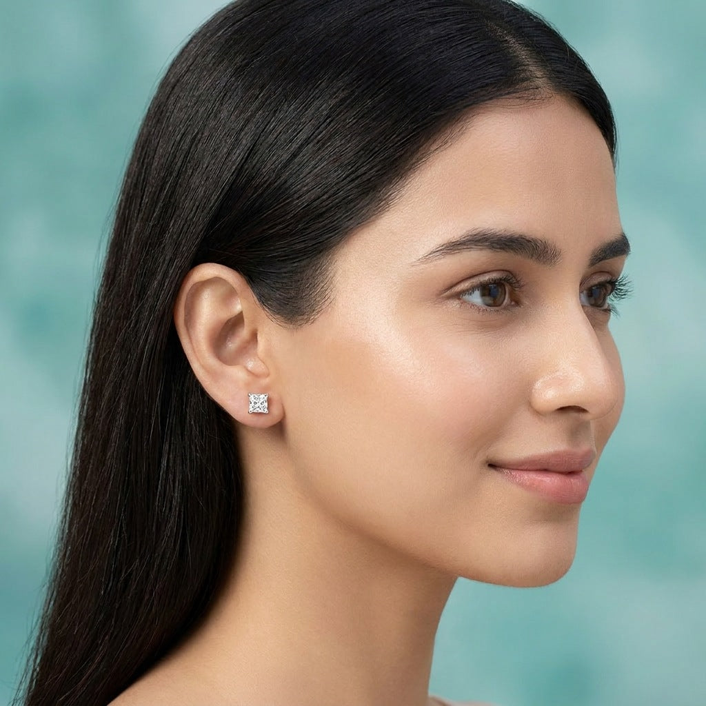 Lab-grown diamond solitaire stud worn on the ear