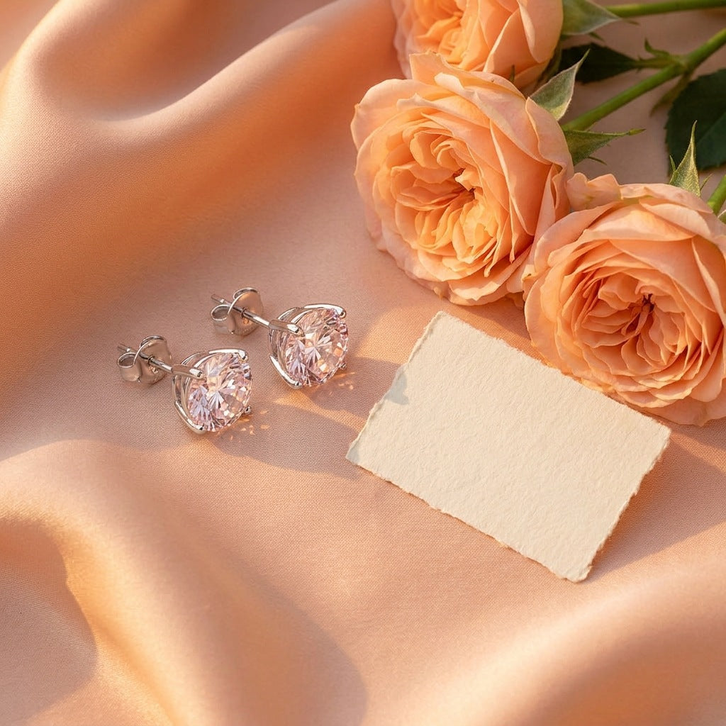 Pale pink moissanite studs flat lay with birthday flowers