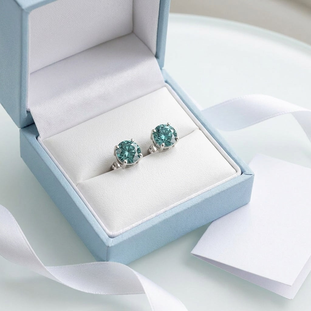 Pair of blue moissanite studs in a gift box with ribbon