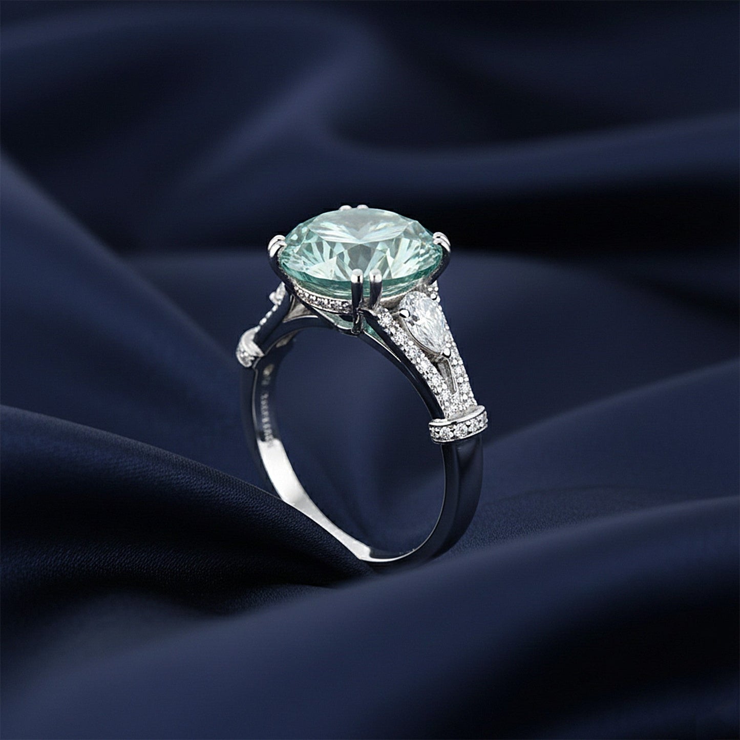 GEMHUB 5 Ct round cut blue lab grown diamond ring with VS1 clarity in 18k gold vermeil. Features pear-shaped accent stones.