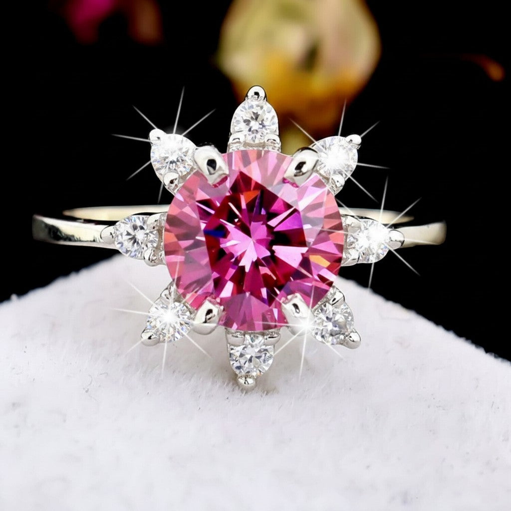 GEMHUB 2.5ct round pink moissanite solitaire ring with accent stones, 18K gold plated vermeil over sterling silver.