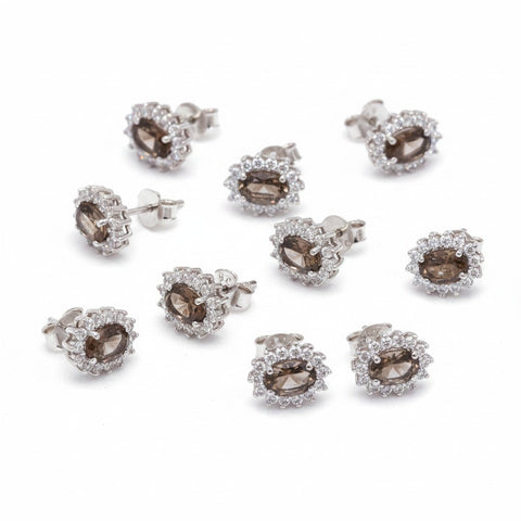 GEMHUB 5 pairs of oval smoky topaz and white diamond halo stud earrings in 925 sterling silver.