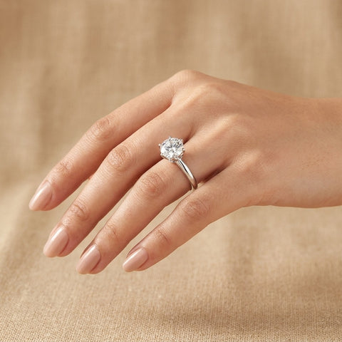 Classic six-prong round moissanite solitaire ring worn on hand