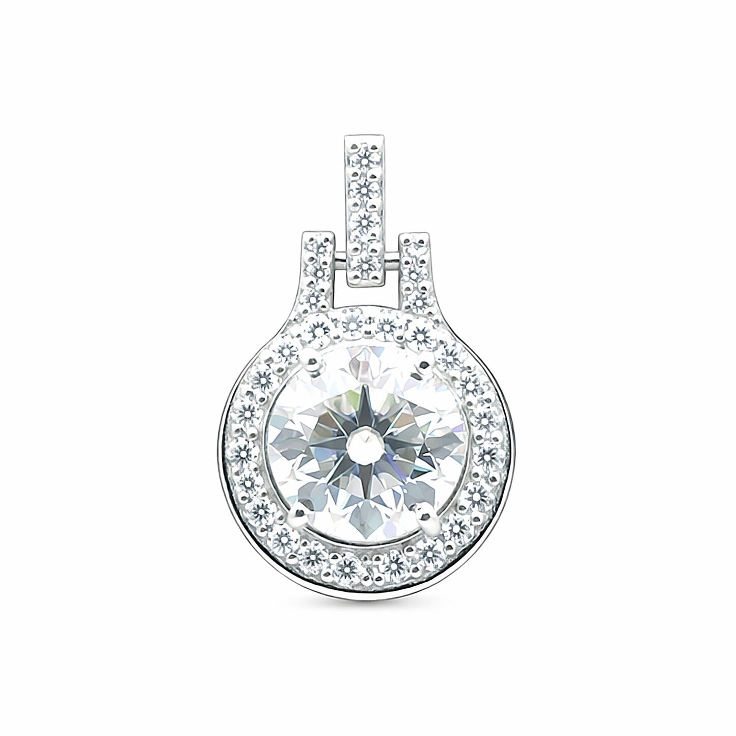 GEMHUB 2.50 Ct round cut lab-grown diamond pendant with VS1 clarity, set in 18k gold vermeil with a halo of smaller diamonds.