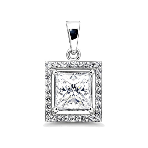 GEMHUB 2 Ct princess cut lab-grown diamond pendant in 18k gold vermeil with VS1 clarity, surrounded by a halo of smaller diamonds.