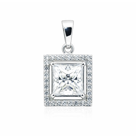 GEMHUB 2 Ct princess cut lab-grown diamond pendant in 18k gold vermeil with VS1 clarity, surrounded by a halo of smaller diamonds.