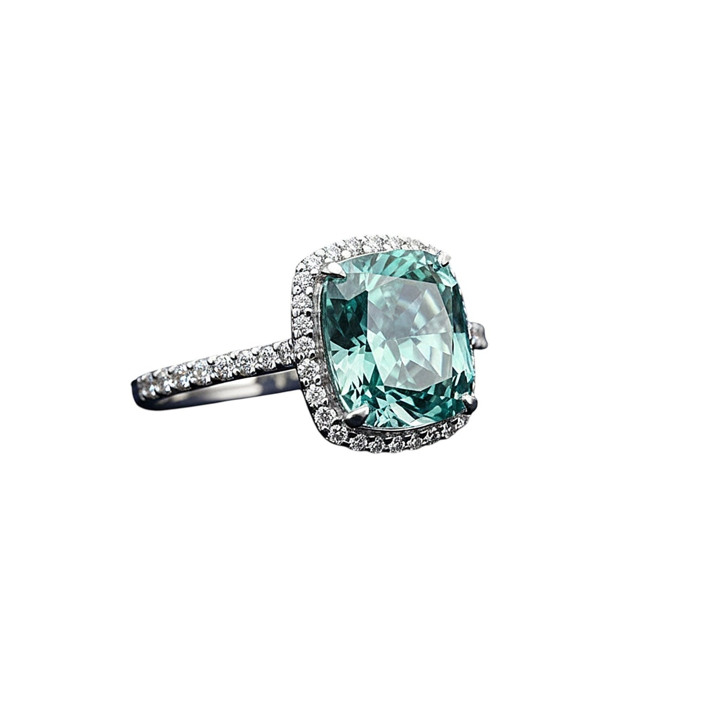 GEMHUB 5.00 Ct cushion cut blue lab grown diamond ring with VS1 clarity, set in 18k gold vermeil with a halo of small diamonds.