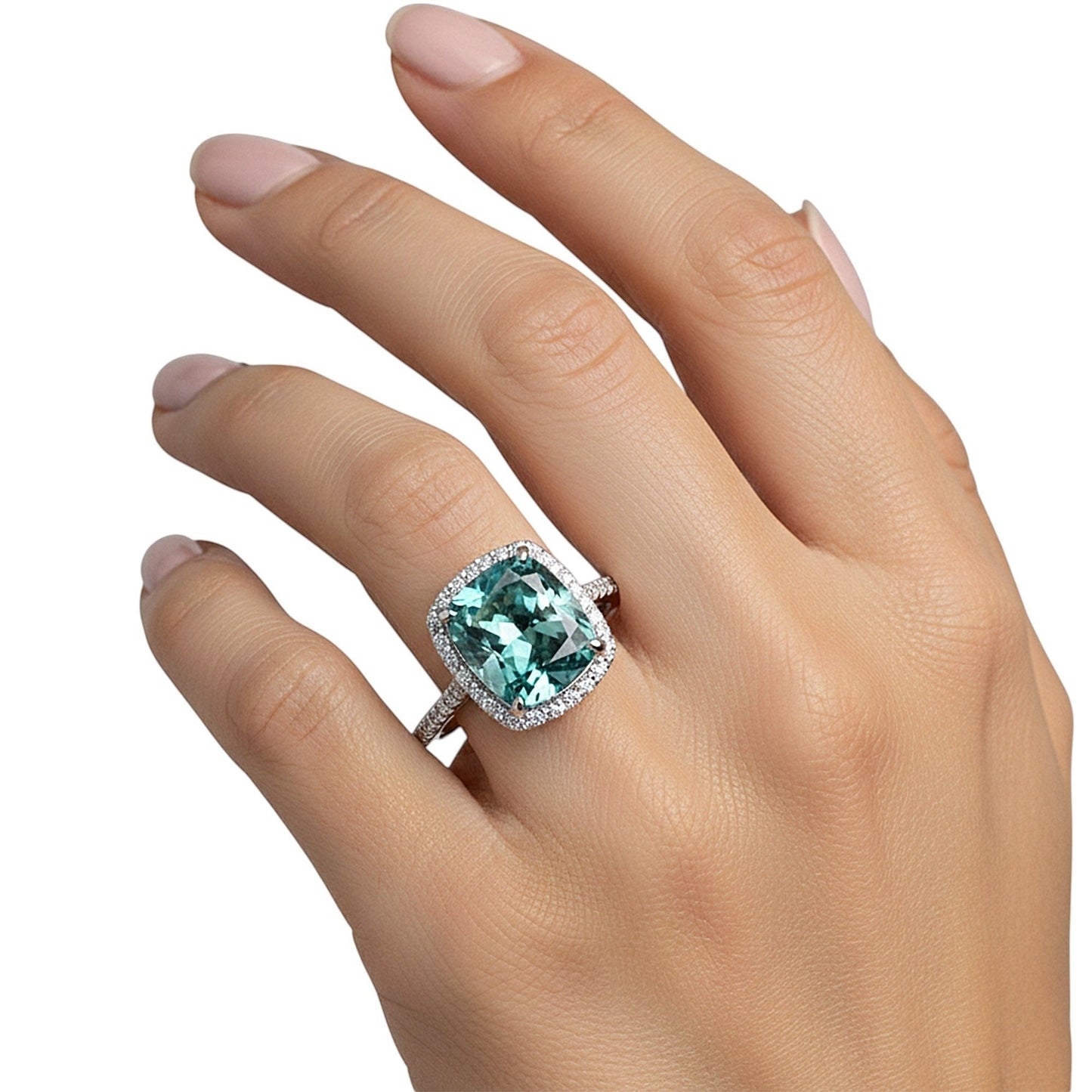 GEMHUB 5.00 Ct cushion cut blue lab grown diamond ring with VS1 clarity, set in 18k gold vermeil with a halo of smaller diamonds.