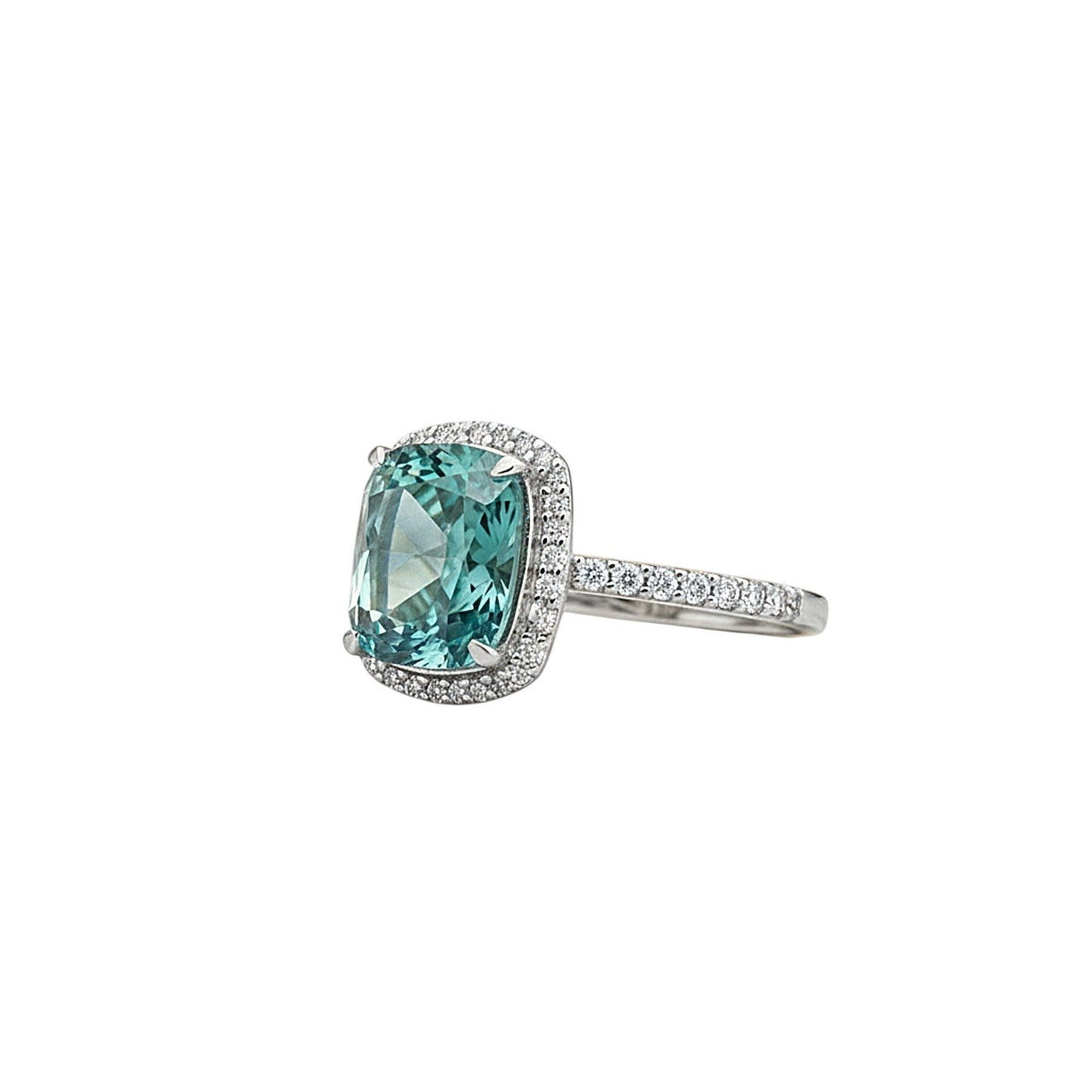 GEMHUB 5.00 Ct cushion cut blue lab grown diamond ring with VS1 clarity, set in 18k gold vermeil with a halo of small diamonds.