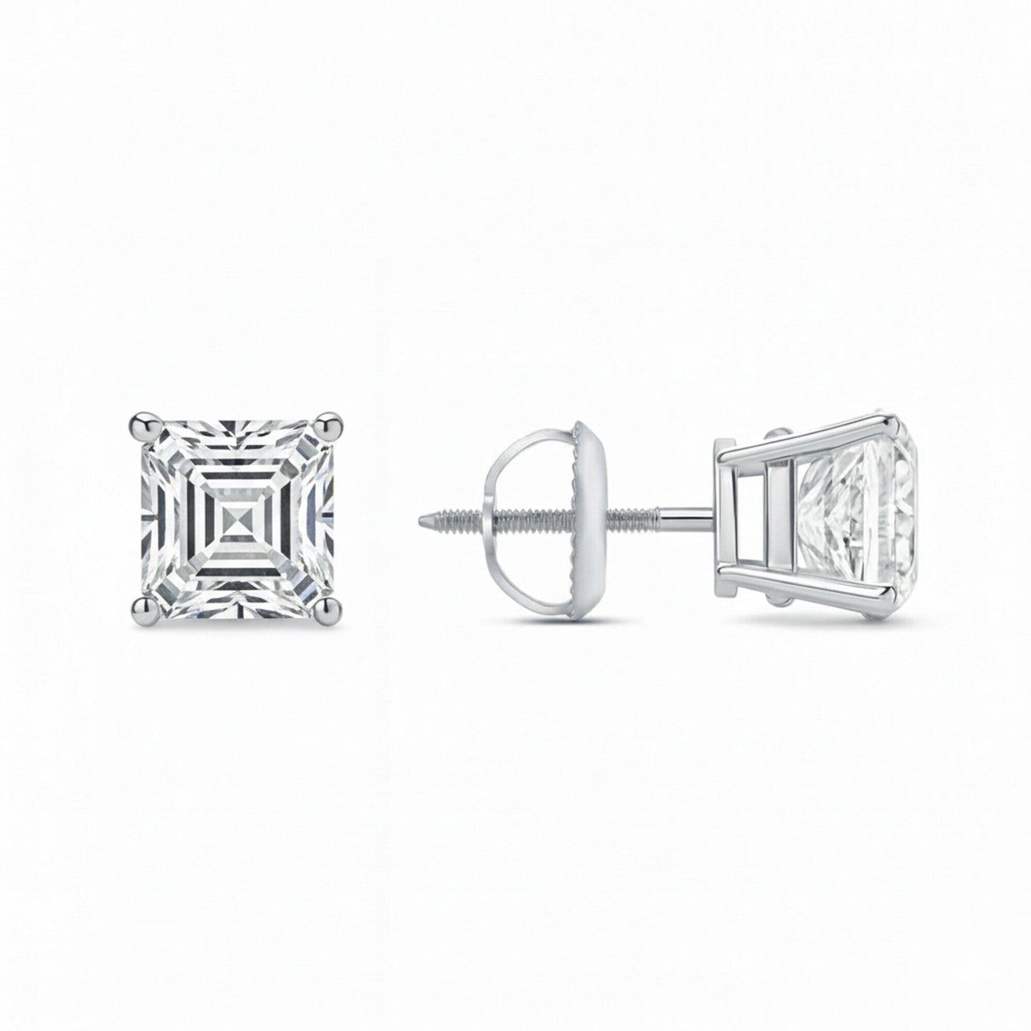 GEMHUB Asscher cut lab-created diamond stud earrings in 14K white gold with screw backs, 3 ctw.