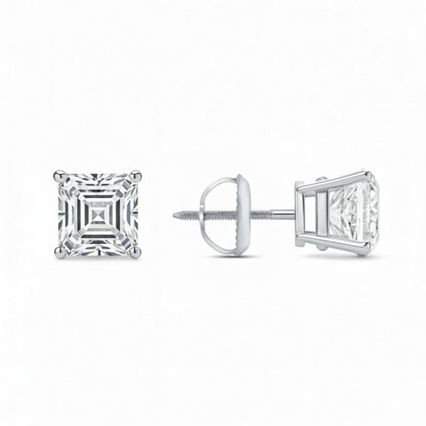 GEMHUB Asscher cut lab-created diamond stud earrings in 14K white gold with screw backs, 3 ctw.