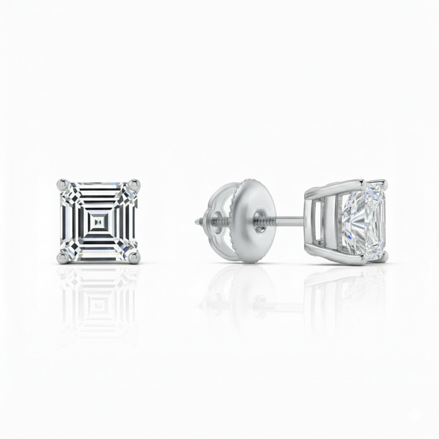 GEMHUB 1 Ct Asscher lab-created diamond stud earrings in 14K white gold with screw backs.