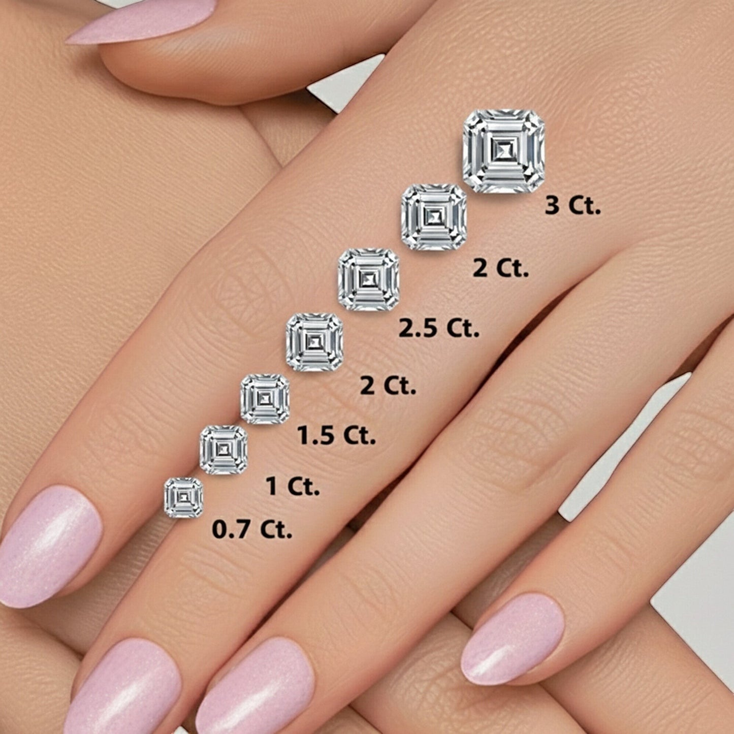 GEMHUB Asscher cut lab-created diamonds in various carat sizes displayed on a hand.