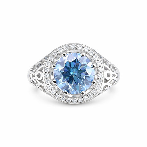GEMHUB 3.50 Ct round cut blue lab grown diamond ring with VS1 clarity, set in 18k gold vermeil with a halo of small white diamonds.