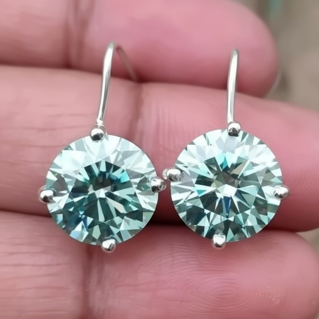 GEMHUB 6.20 Ct round blue moissanite dangler earrings in 18K gold vermeil over 925 sterling silver.