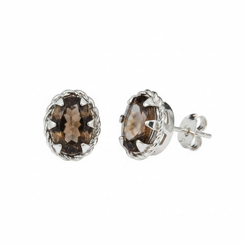 GEMHUB 10 Ct oval cut brown topaz earrings in 925 sterling silver with intricate rope-like detailing.