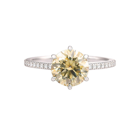 GEMHUB 3.45 Ct round cut champagne lab grown diamond ring with VS1 clarity set in 18k gold vermeil with pavé band.