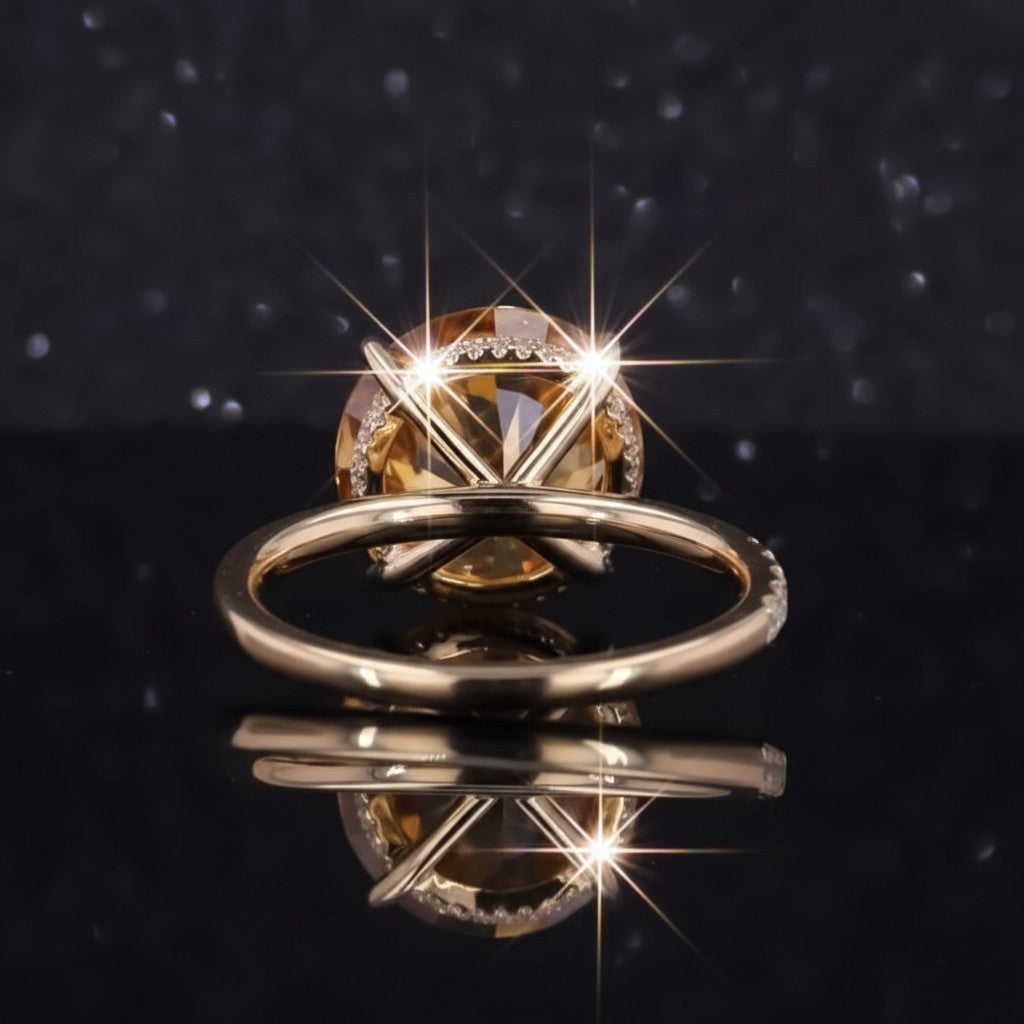 GEMHUB 10.50 Ct round cut champagne moissanite ring in gold vermeil with pavé band.