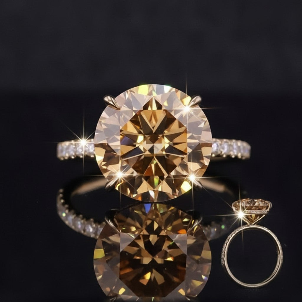 GEMHUB 10.50 Ct round cut champagne moissanite ring with pave diamond band in gold vermeil.