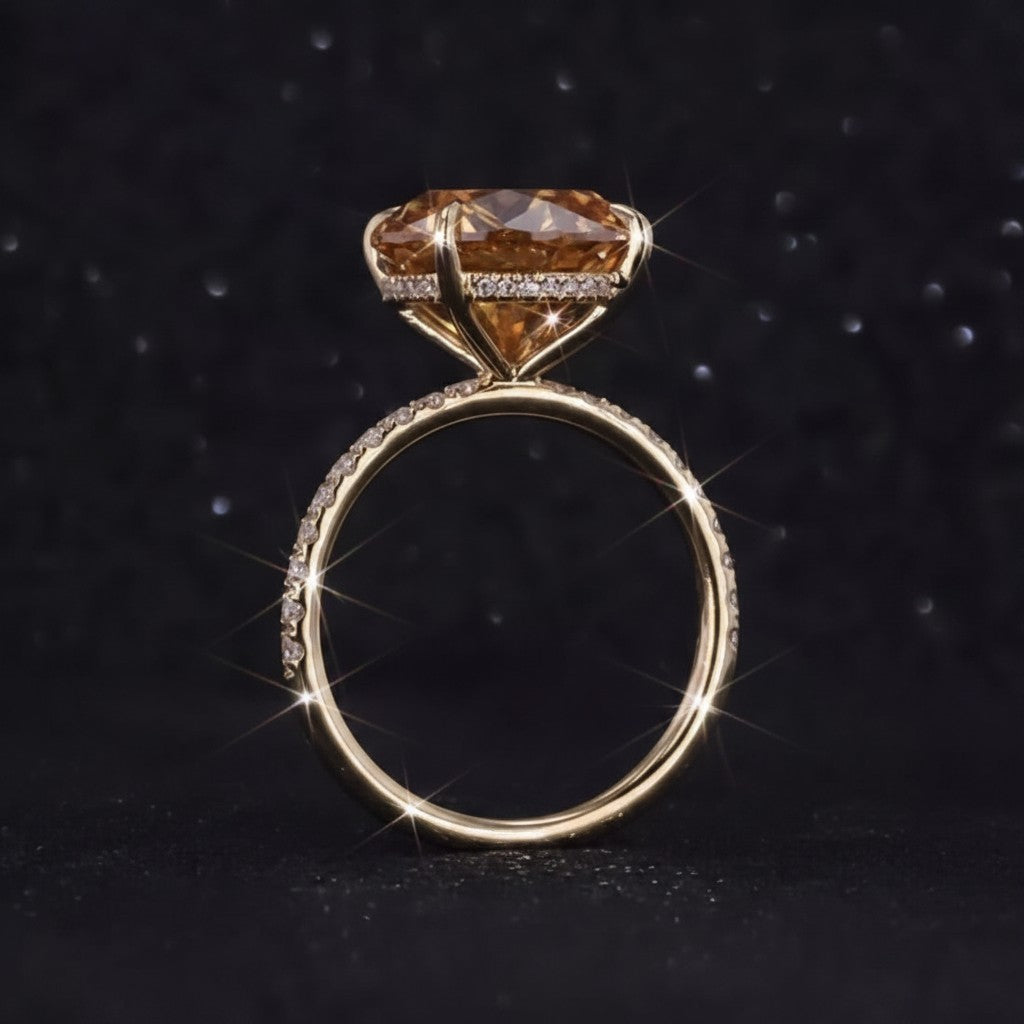 GEMHUB 10.50 Ct round cut champagne moissanite ring with pave diamond band in gold vermeil.