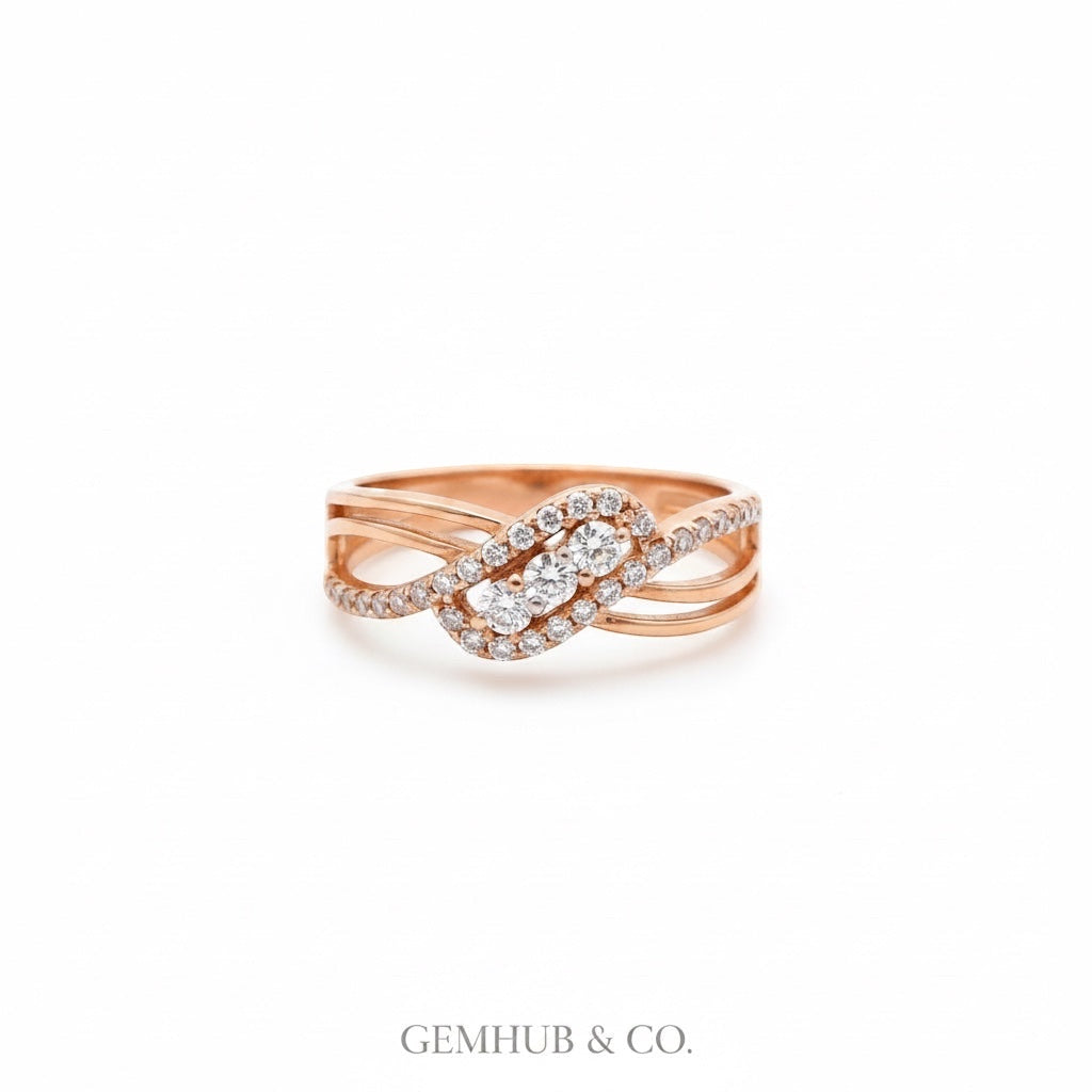 Stacked ring view of criss-cross diamond ring with second band for layering