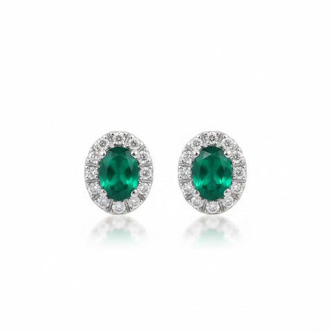 GEMHUB 10 Ct oval emerald halo stud earrings in 925 sterling silver with white diamond accents.