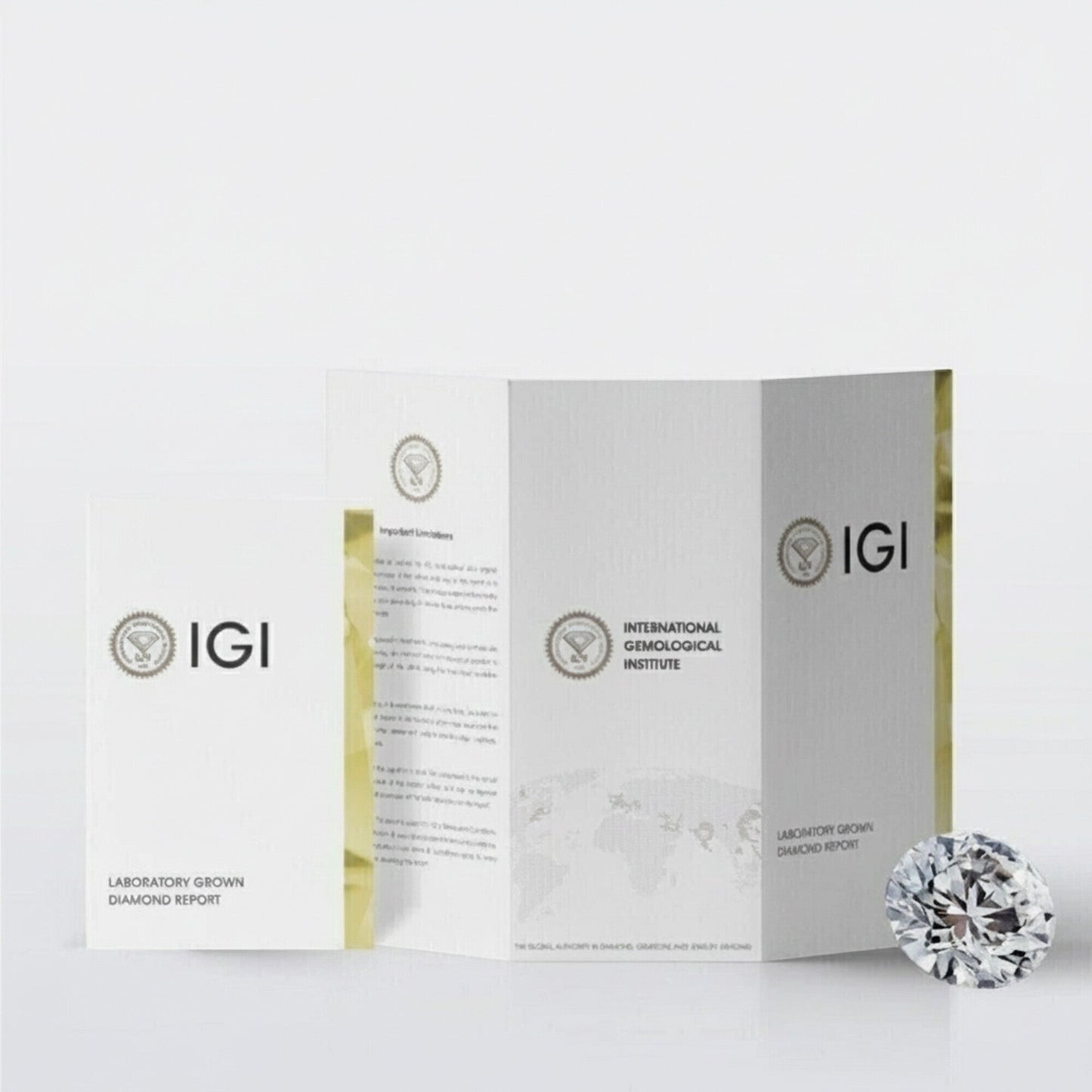 GEMHUB IGI certified 1 Ct round lab-grown diamond with platinum earrings and report.