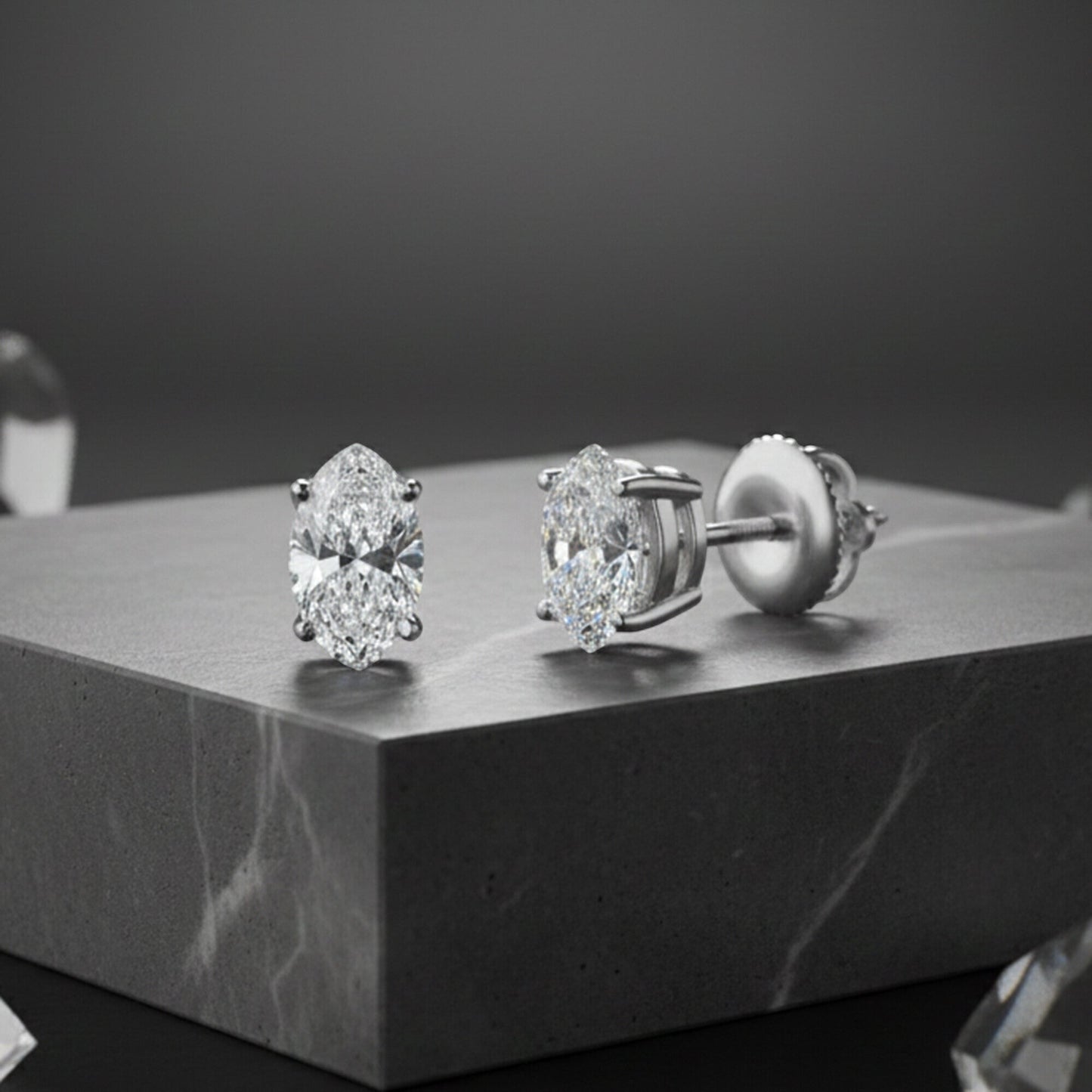 GEMHUB 14K white gold marquise lab-created diamond stud earrings, 3 ctw, F/VS clarity, screw back closure.