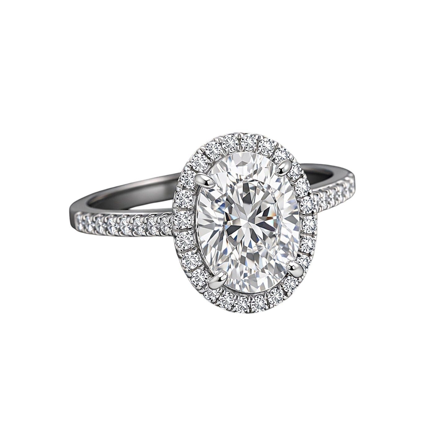 GEMHUB 3.00 Ct oval cut lab grown diamond ring with VS1 clarity, set in 18k gold vermeil with a halo of smaller diamonds.