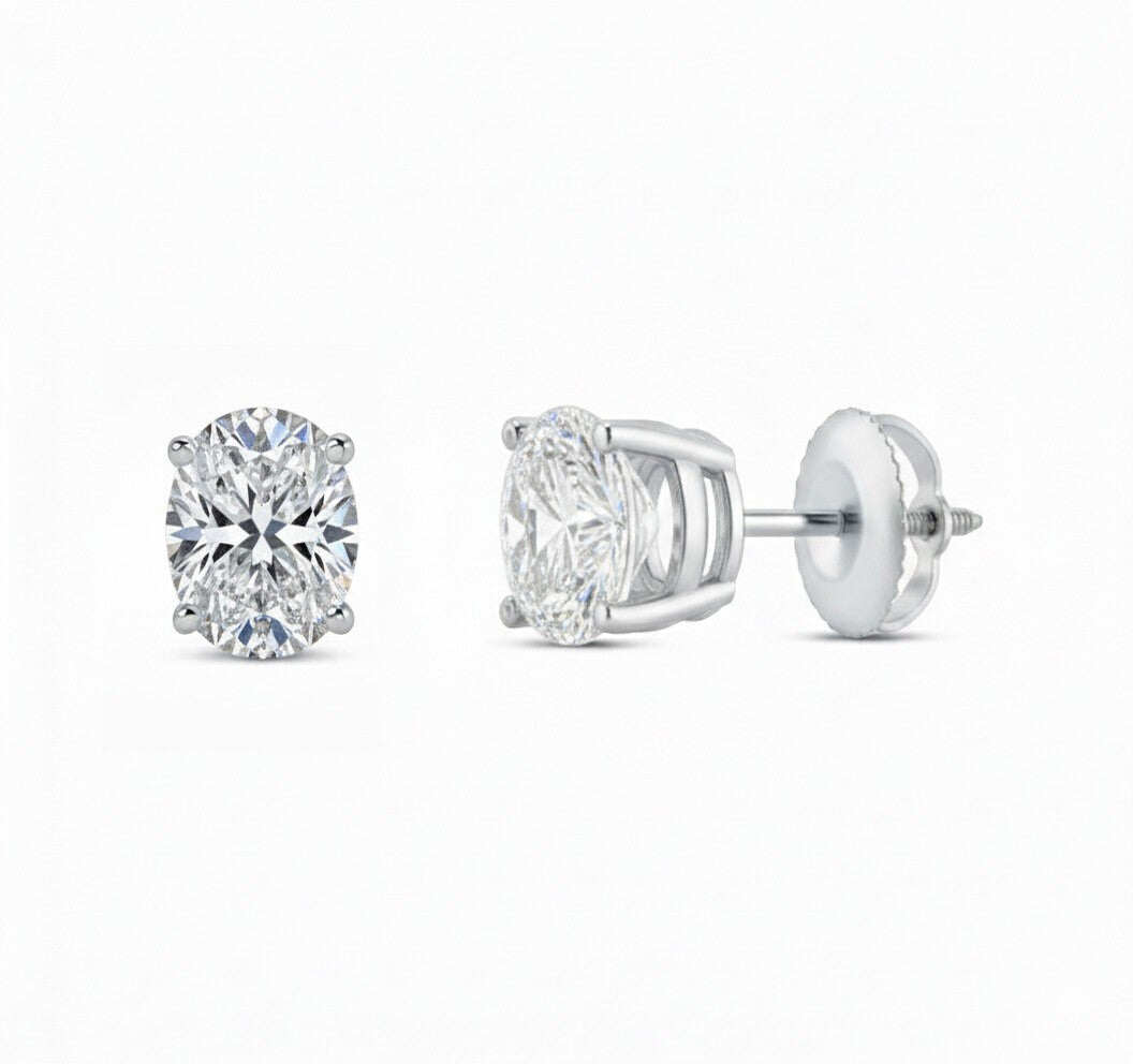GEMHUB 3 Ct oval lab-created diamond stud earrings in 950 platinum with screw backs. IGI certified.