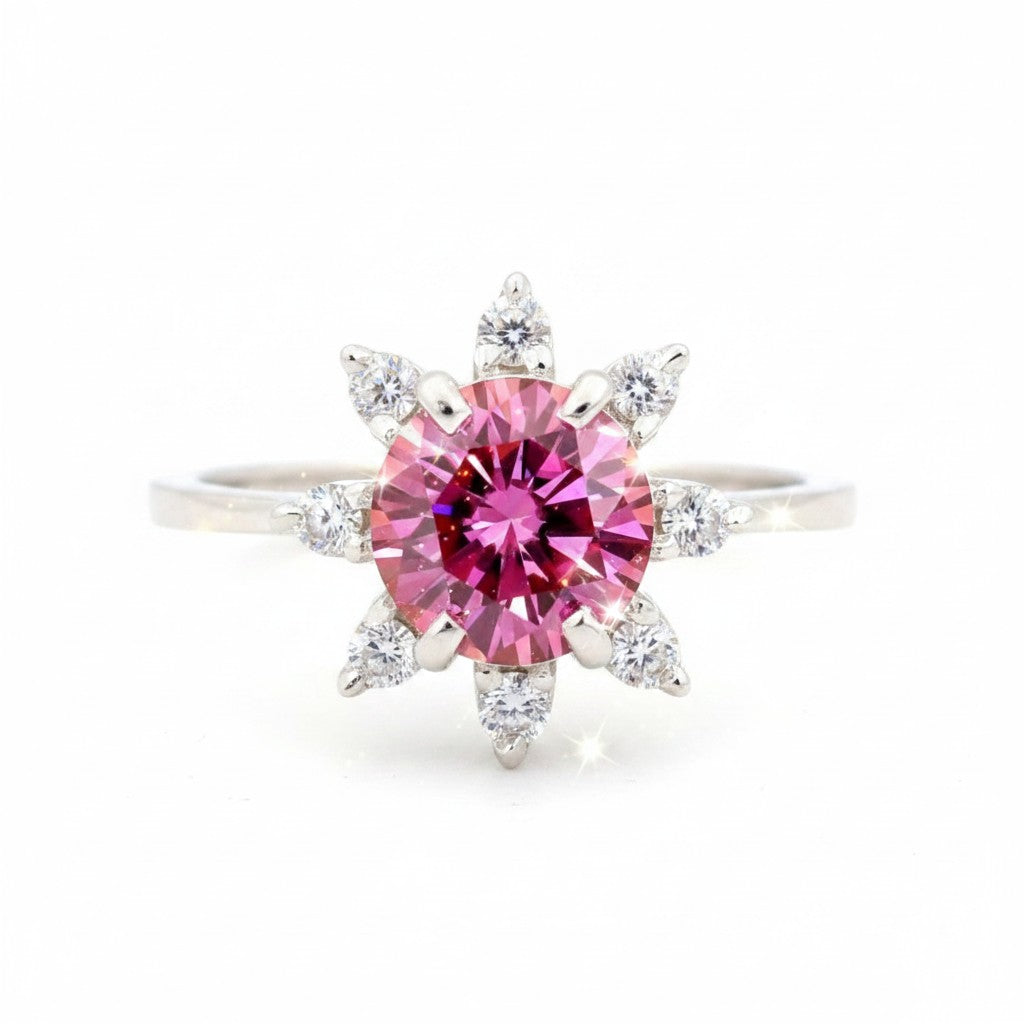 GEMHUB 2.5ct pink moissanite solitaire ring with surrounding white stones, 18K gold plated vermeil.