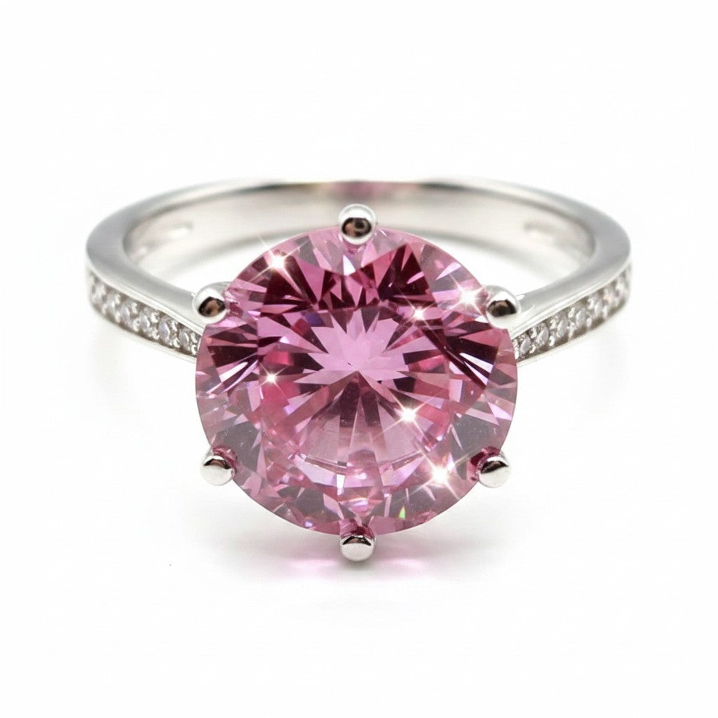 GEMHUB 2.55ct pink moissanite solitaire ring in 18K gold plated sterling silver with pavé band.
